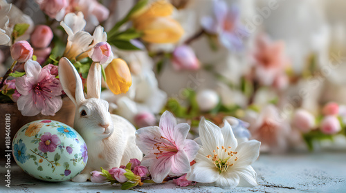 Easter eggs and a cute bunny decoration celebrating spring holiday festivities