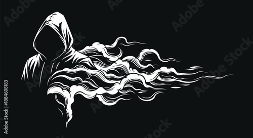 A mysterious hooded figure with flowing white smoke on a dark background