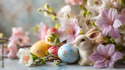 Colorful Easter still life with decorated eggs and spring flowers