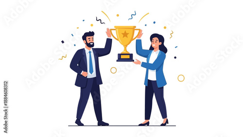 Business team celebrating victory with a golden trophy and confetti