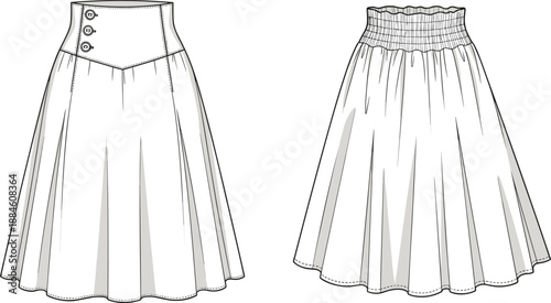 Technical fashion sketch of high waisted flared midi skirt with side buttons and elastic waistband, front and back view template,