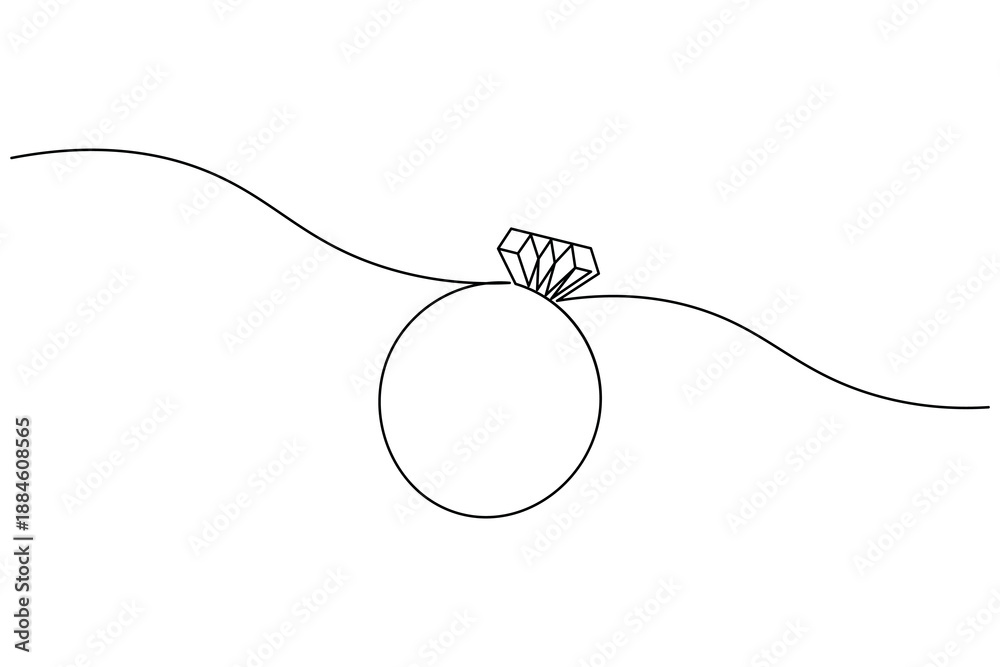 Obraz premium Minimalist continuous one line drawing of a diamond engagement ring. Elegant jewelry line art illustration on a clean white background for wedding decor or logo design.