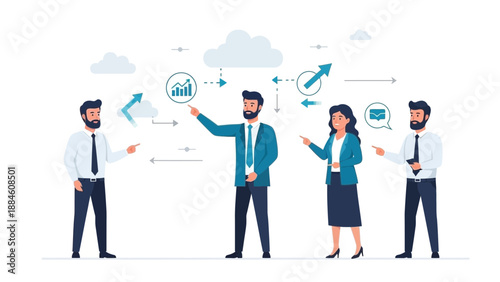 Business team collaborating on strategy with digital data and cloud icons