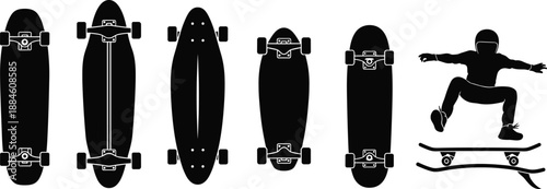 Silhouette vector set of skateboards and skater performing trick, showcasing board styles and motion for urban sport, active lifestyle, and extreme sport illustrations.