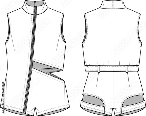 Technical fashion sketch of a modern sleeveless bodysuit with asymmetrical zipper and cutout details, front and back view garment template,