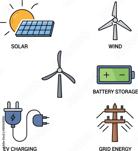 Sustainable Energy Icons: Solar, Wind, EV Charging, and Batteries