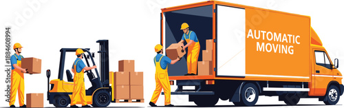 Warehouse workers loading cardboard boxes into delivery truck with forklift, professional moving service team and automatic transport logistics vector illustration,