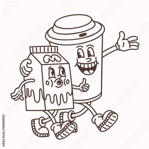 Coffee and milk carton characters walking together in a simple groovy line ca...