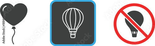 Icons featuring a heart balloon silhouette a hot air balloon outline and a red prohibition sign for flight restrictions.