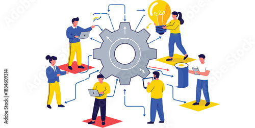 Diverse professional team collaborating around a central gear system with lightbulb and laptops, representing innovation, workflow optimization, and business process.