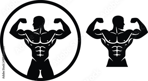 Muscular bodybuilder silhouette icons showing strong flexing male fitness strength power gym logo design emblem symbol illustration set.