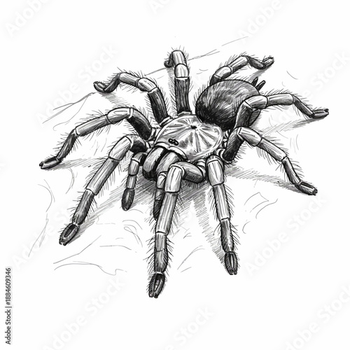 Realistic vector illustration of a tarantula spider, detailed view of its hairy body and legs, suitable for zoology and nature documentaries.
