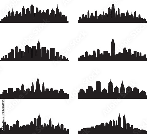 set of city skylines in black silhouette on white background