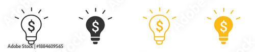 Money Lightbulb Icon Set. Financial Idea Symbols. Investment Bulbs Collection, Vector Illustration.