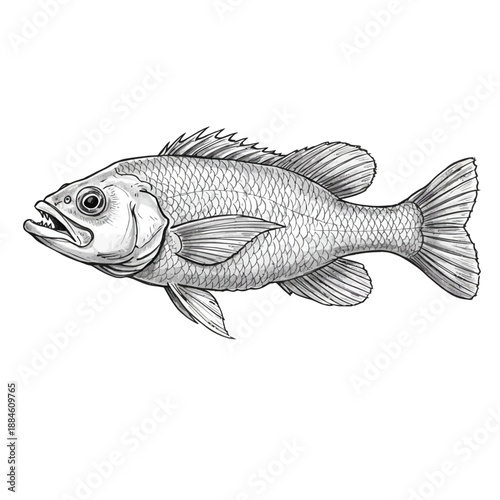 Detailed vector illustration of a largemouth bass, isolated on white, showcasing intricate scales and fins, perfect for angling and nature designs.
