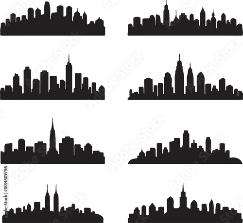 set of city skylines with various building silhouettes