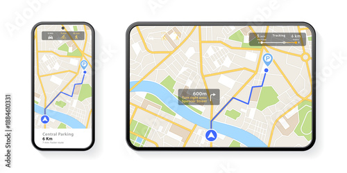 The route of the car on the device map. Traveling by car. Distance tracking
