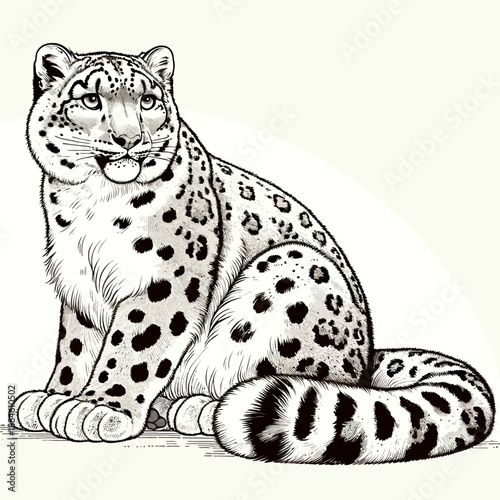 Elegant vector illustration of a sitting snow leopard, a rare big cat from mountainous regions, perfect for wildlife themed graphics.
