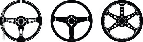 Three black steering wheel silhouettes featuring classic and racing designs for automotive interior styling and vehicle control symbols.