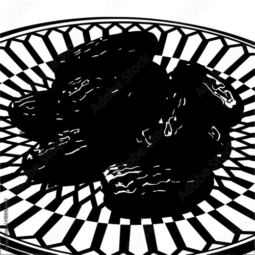 Dates resting on a patterned ceramic plate with geometric tiles in black and white vector art
