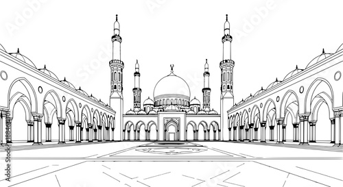 Mosque courtyard with arches and minarets vector illustration of Islamic architecture