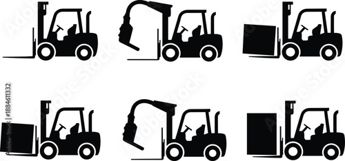 Black forklift truck silhouettes set, warehouse lifting and material handling vehicles icons for logistics, industry, cargo transport and loading vector design