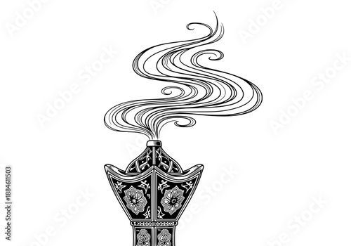 Decorative Metal Incense Censer Emitting Flowing Smoke - Black & White Vector Art