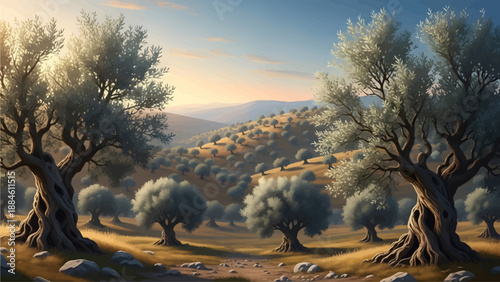 Serene landscape with olive trees in a tranquil field at sunrise from a distant viewpoint