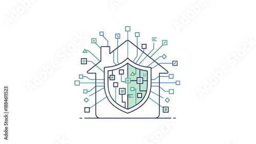 Shield Icon Representing Secured Home Network with Interconnected Devices and Protection