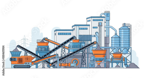 Industrial complex with heavy machinery, conveyor belts, and storage silos, illustrating a manufacturing or processing plant.