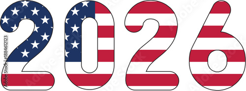 3D 2026 text with American flag inside the text. Vector illustration on white background. USA flag in text. American flag in letters. National emblem. Patriotic illustration.