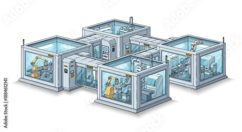 Automated manufacturing facility with robotic arms and assembly lines within modular cleanroom units.