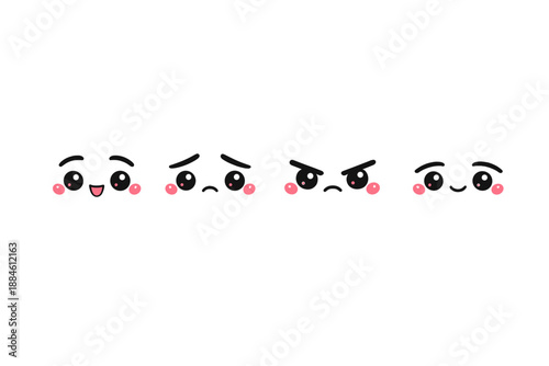 Emoticons Set: Happy, Sad, Angry, Surprised, Blush, Joy, Disgust, Fear, Expression, Mood, Smile, Frown, Grin, Delight, Gloom, Cheer, Concern, Amusement, Affection, Distress