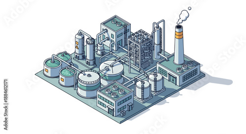 Isometric illustration of a modern industrial chemical plant with storage tanks, processing units, and a smoking chimney.