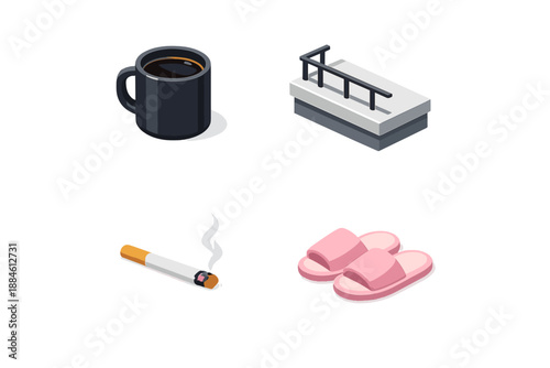 Relaxation Icon Set: Coffee, Rails, Cigarette, Slippers, Chill, Comfort, Leisure, Vibe, Rest, Break, Zone, Soft, Cozy, Ease