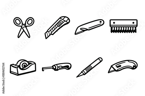 Tools and Equipment Icon Set. Containing scissors, cutter, knife, scraper, tape, screwdriver, pen, utility.