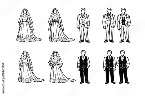 Wedding and bridegroom icon set. Featuring couple, dress, tuxedo, ceremony, love, marriage, celebration, vows, event, rings.
