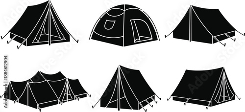 Black camping tents silhouette set, outdoor adventure shelter collection, various tent designs, isolated on white background for travel, hiking, camping