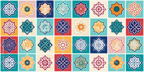 Colorful mosaic of intricate geometric patterns on traditional islamic art tiles
