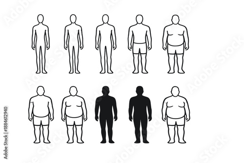 Body types icon set. Featuring silhouettes, figures, shapes, forms, physique, proportions, obesity, fitness and more.