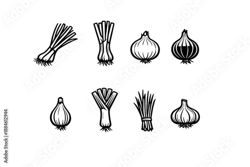 Food and cooking icon set. Containing vegetables, garlic, onion, chives, herbs, flavoring, spices, ingredients, and more.