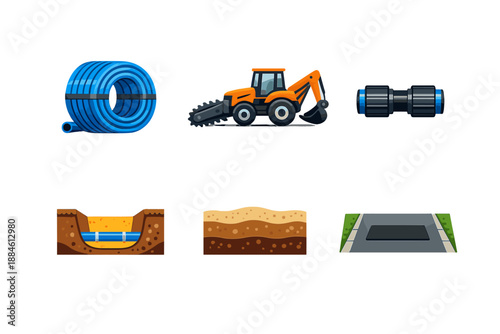 Construction and excavation icon set. Featuring machinery, tools, materials, safety, earth, road, pipe, and more.