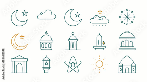 A vibrant collection of islamic and celestial line art icons for religious and cultural themes
