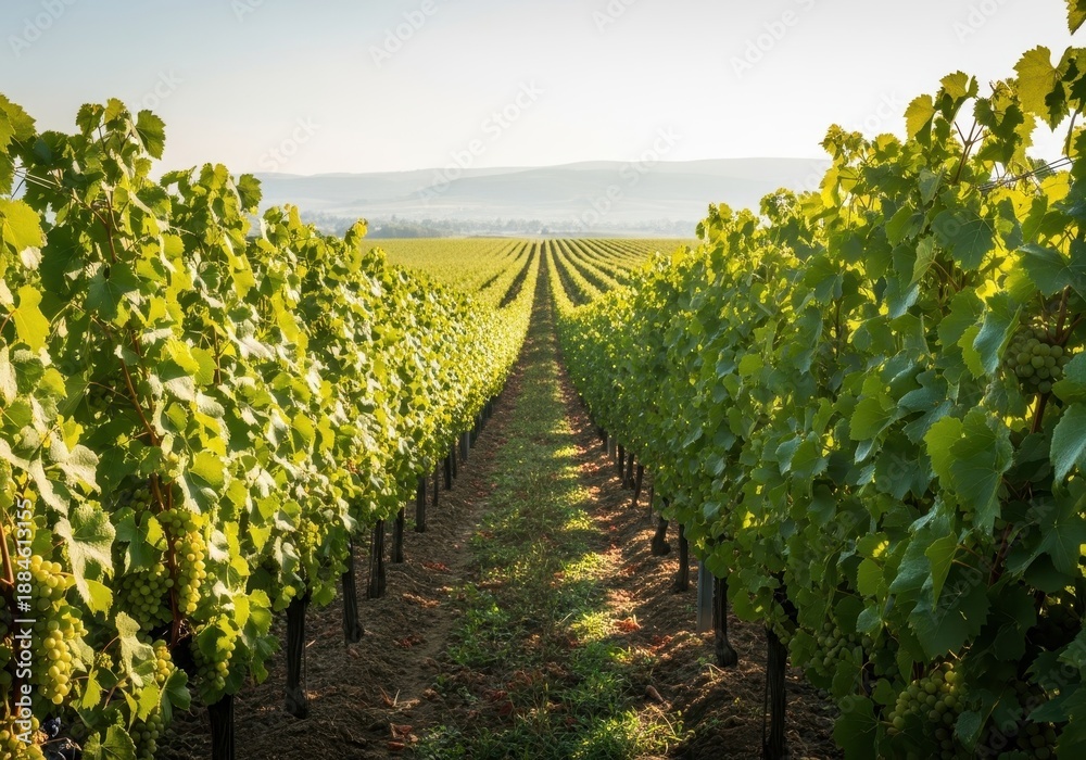 Obraz premium Sunlight illuminates dense green grape rows stretching toward the horizon, showcasing the healthy, abundant harvest of the fertile valley, growth, foliage, flourishing
