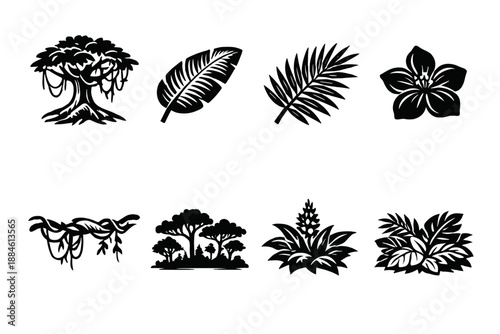 Nature and plant icons set. Featuring trees, leaves, flowers, ferns, vines, shrubs, flora, and more.