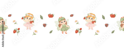 Seamless border with cute little garden fairies, red strawberries and ladybugs