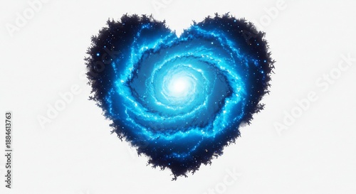 純粋な白背景に浮かぶ宇宙の鼓動を思わせる神秘的なハート輝く鮮やかな青い光の渦巻く銀河が中心から溢れ出しその幻想的な美しさが心を奪うデジタル表現. AI Generated