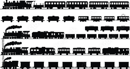 Black train silhouettes set, steam locomotive, passenger coaches and freight wagons side view collection for railway transport, logistics and vintage rail vector design
