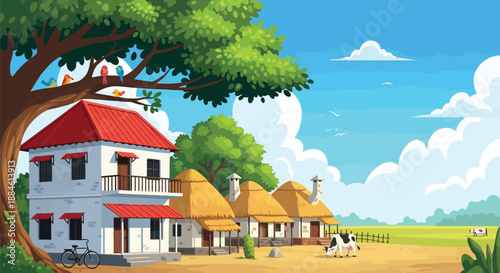 Cartoon Background Idyllic countryside scene with a two-story house, thatched huts, a bicycle, birds on a tree, and cows in a green field.
