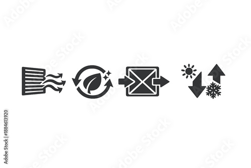 Climate and environmental icon set. Including airflow, recycling, sustainability, temperature, humidity, zones, and more.
